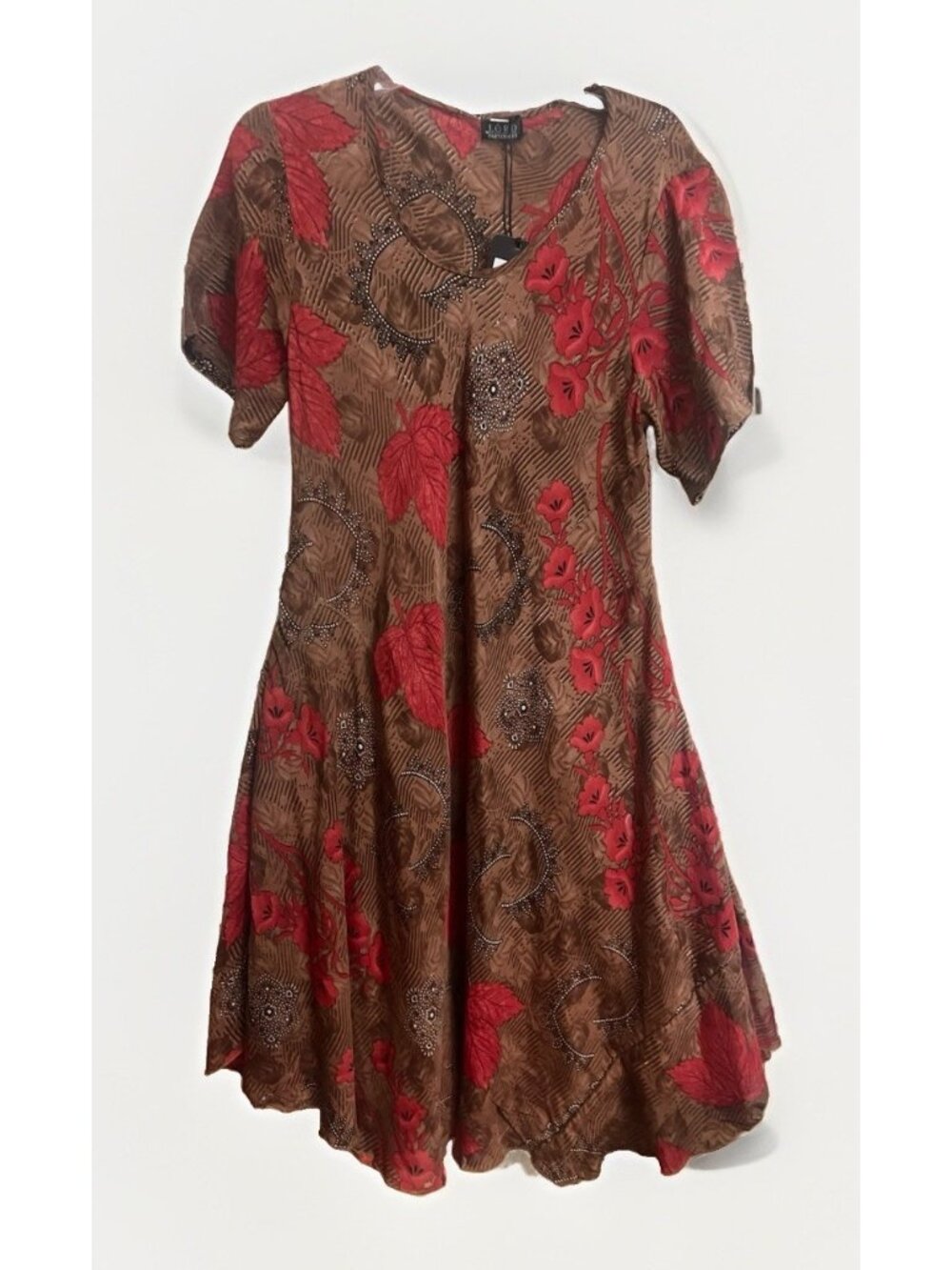 Silk Blend Dress Women's Size L Red Brown Floral Leaves Forest Fairy. N